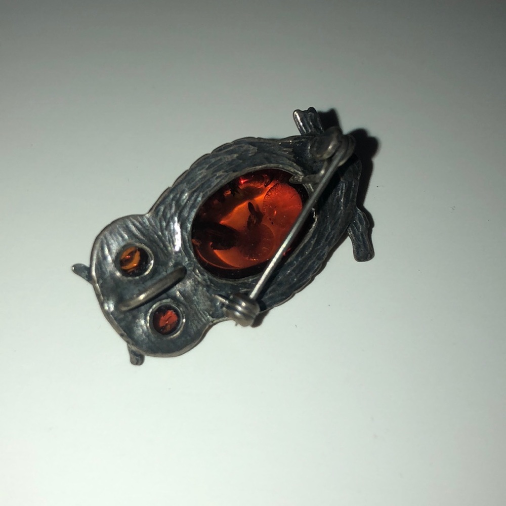 Owl Brooch or Necklace Pendant Silver with Amber - Picture 2 of 5